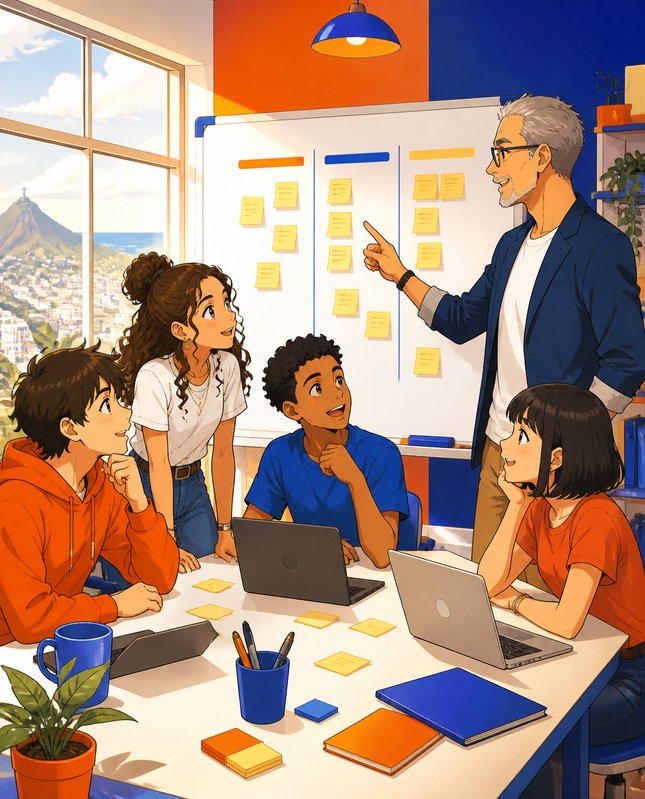 Ilustração em estilo anime: um squad de alunos do ensino médio trabalha num quadro de tarefas com o mentor